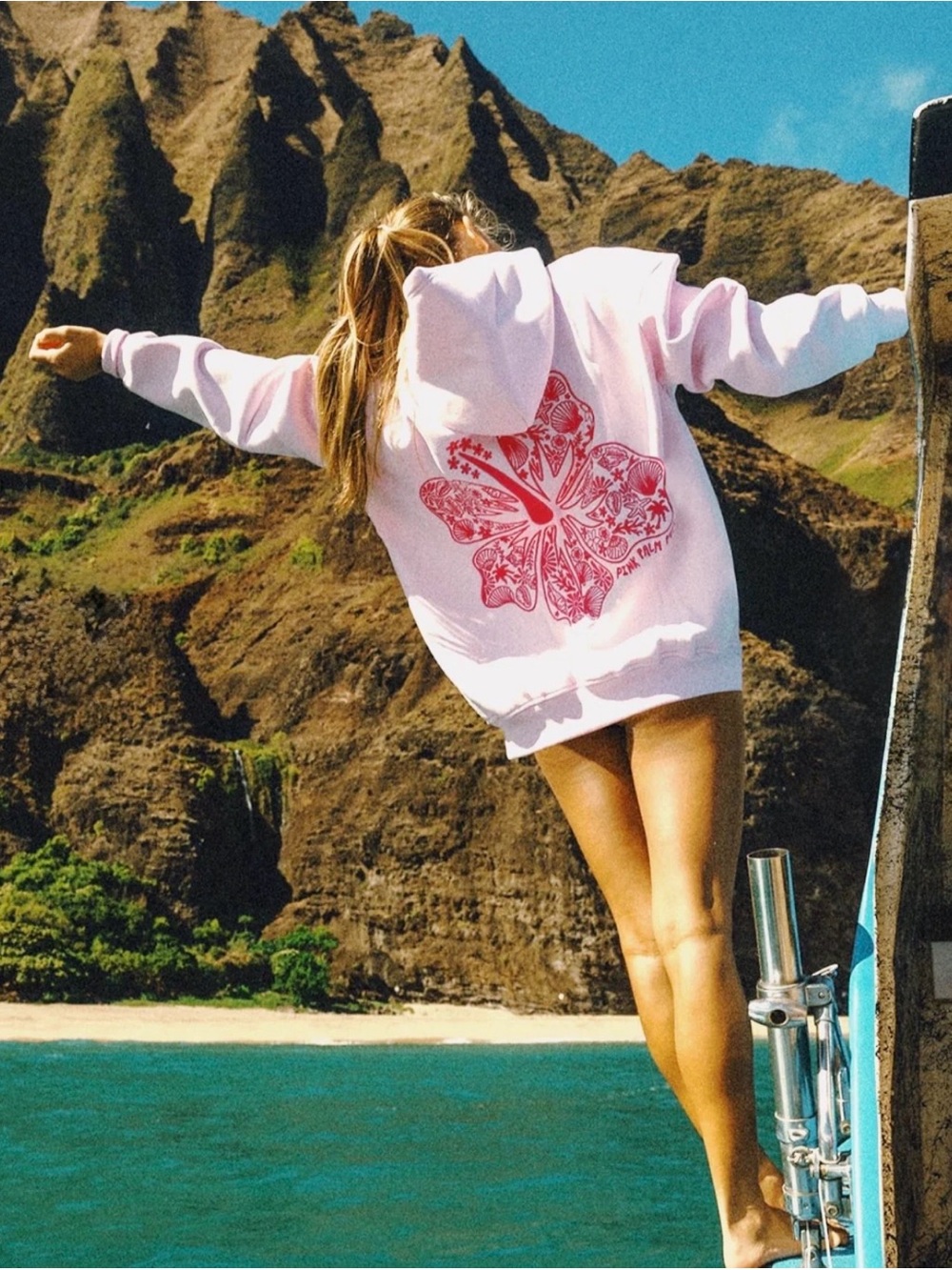 Pink Palm Puff Hawaii Hibiscus Oversized Hoodie Blush Pink Small